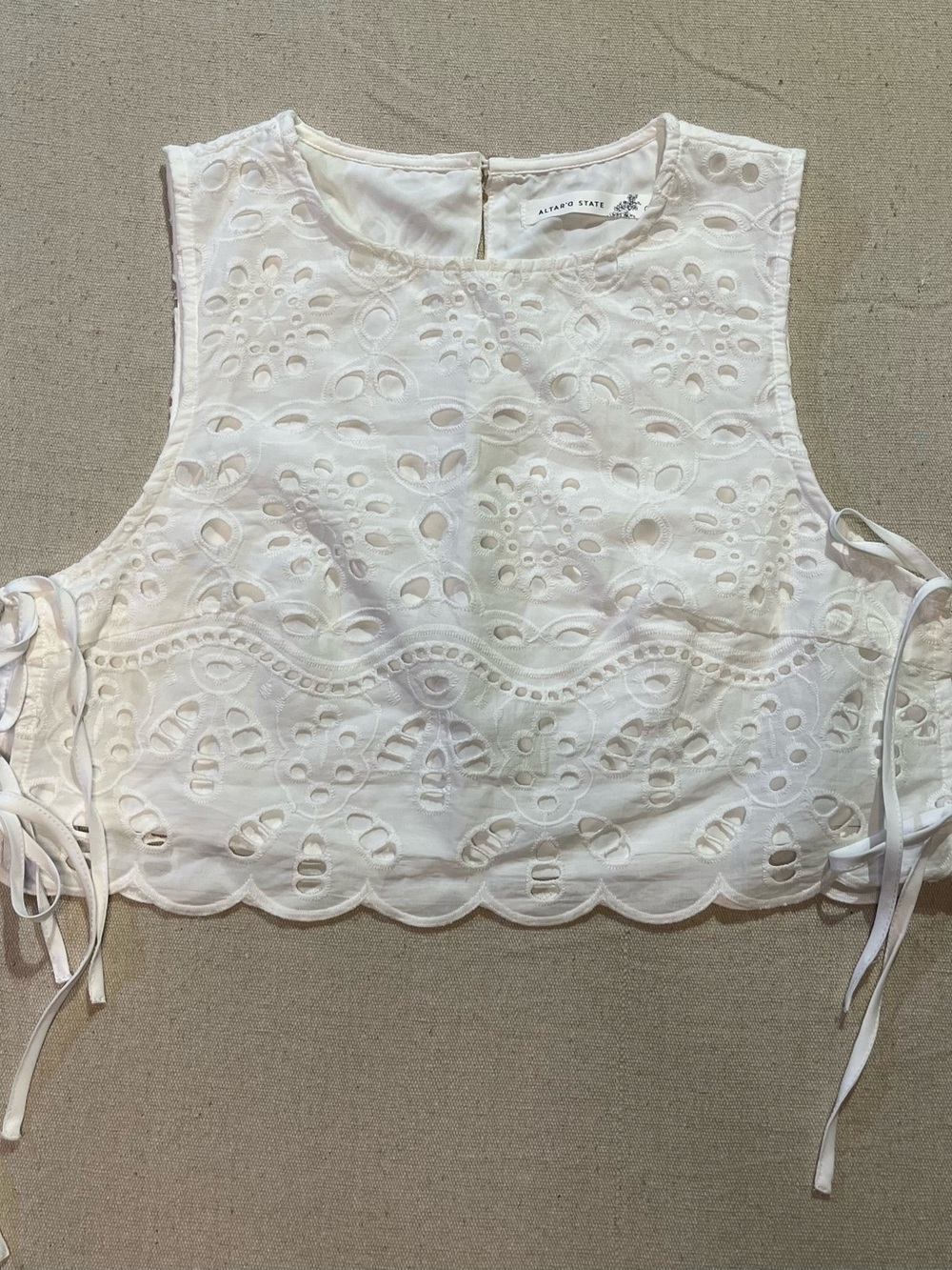 Altar'd State White Eyelet Crop Top, Side Ties, Scalloped Hem, Sz S NWOT